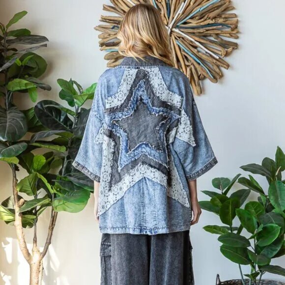 091 Oli & Hali Star Patch Tencel Short Sleeve Blazer Jacket NWOT Size Large - Picture 3 of 14